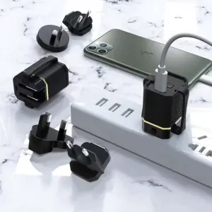 USB Type C Charger Foldable Plug EU UK AUS USA 18W Mini Dual Port Power Adapter with Cable Clip Cord Organizer Wire Bind Holder